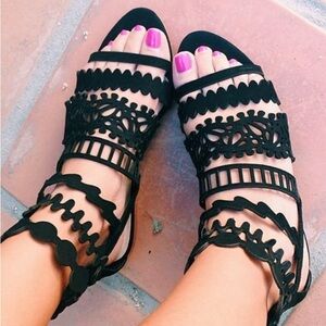 Loeffler Randall Black Strappy Dixie Gladiator Zip Back Sandals Size 6.5